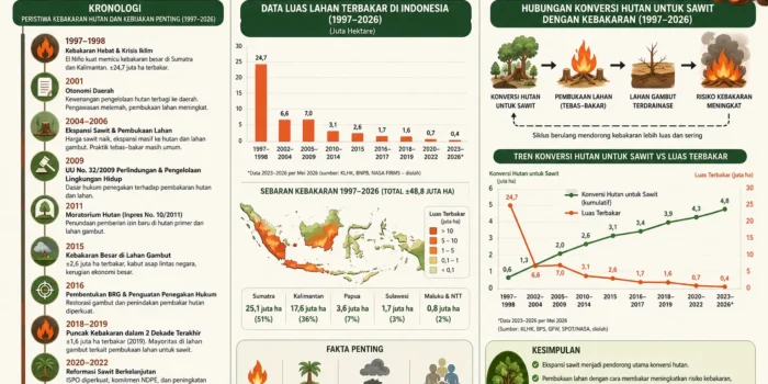 Kronologi, Data Luas Lahan Terbakar Kronologi, Data Luas Lahan Terbakar, serta Hubungan Konversi Hutan untuk Sawit di Indonesia (1997–2026)