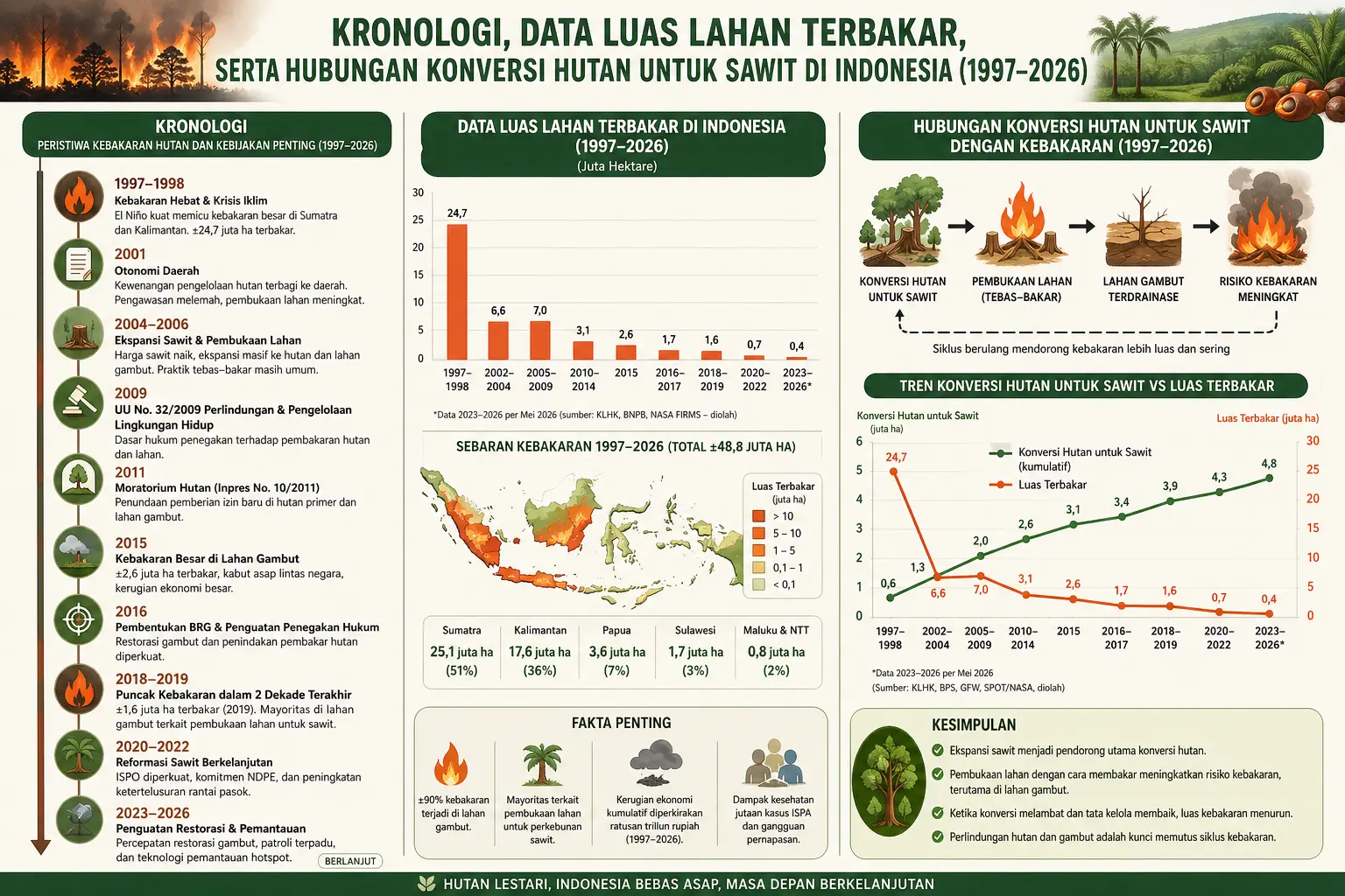 Kronologi, Data Luas Lahan Terbakar, serta Hubungan Konversi Hutan untuk Sawit di Indonesia (1997–2026)
